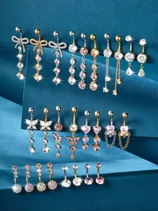 Women's Elegant Heart & Butterfly Design Belly Rings, Belly Button Jewelry, Trendy Exquisite Belly Piercing Jewelry, Chic Body Jewelry for Party & Beach Decor