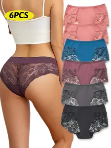 Womens Underwear Ladies Knickers Medium Rise Sexy Floral Lace Pure Cotton Crotch Knickers Soft Cotton Breathable 6 Pack For Womens