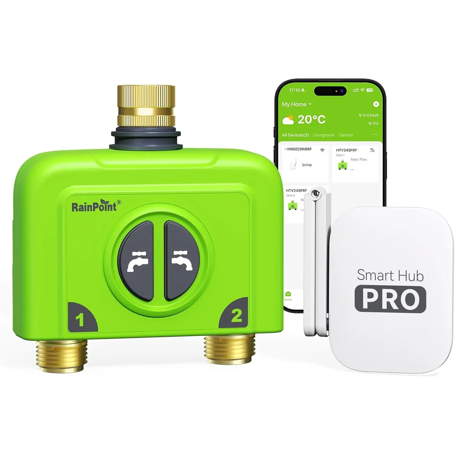 RAINPOINT WiFi 2-Zone Outdoor Smart Sprinkler Controller with Gateway, Brass Inlet & Outlet, Cycle & Soak, Coil Valve, 116 psi High-Precision Water Flow Meter, Rain Delay for Garden Irrigation Kits