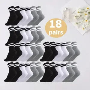 QQ Crew Socks Men Women 18 Pairs Striped Socks - Cotton Blend Soft Breathable Socks, Durable Elastic Cuffs | Great for Gym Sessions, School, Casual Outings & Home Lounging | Popular Bulk Bundle, Trending Comfort Socks for Everyday Use