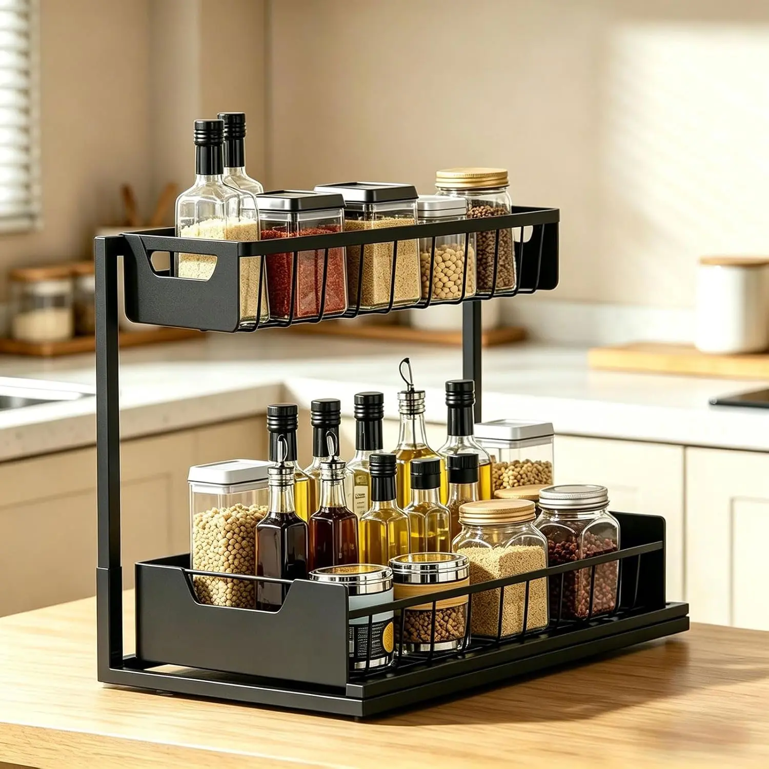 Undersink storage rack with 2 layers of high-quality metal pull-out kitchen cabinet storage box and sliding drawer, adjustable height, heavy-duty kitchen and bathroom storage container