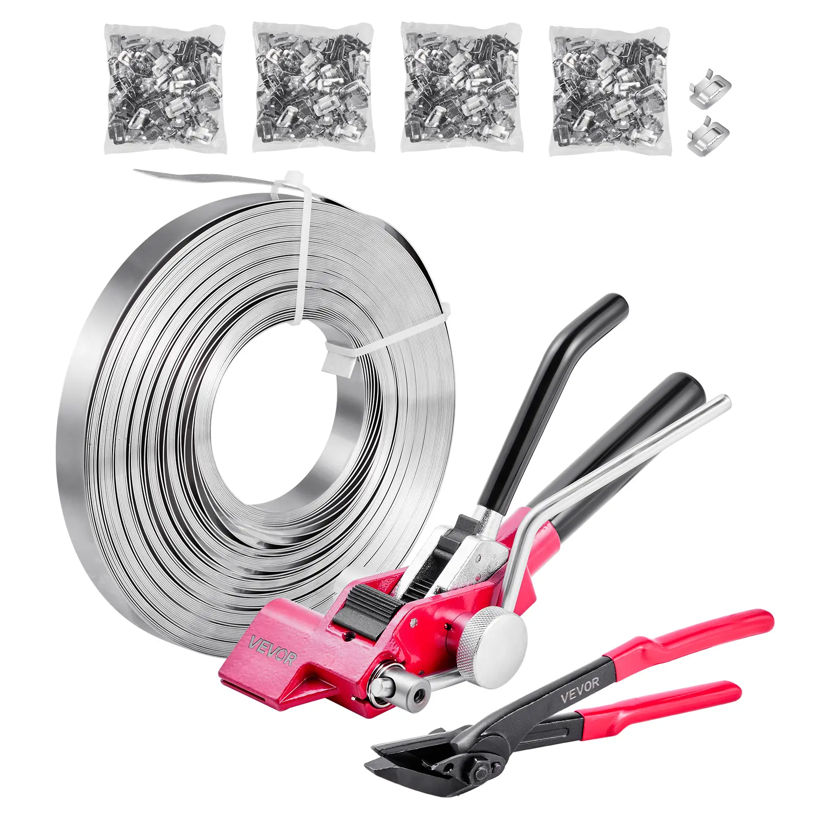 【DealsForYouDays】VEVOR Heavy Duty Stainless Steel Banding Strapping Kit, 2-in-1 Ratchet Tensioner-Cutter Tool, 4x400ft Steel Wire Ratcheting Straps, 400 Metal Clasps, 3/4in/19mm Width, 1700lbs Capacity for Lighting Engineering, Maritime Ships
