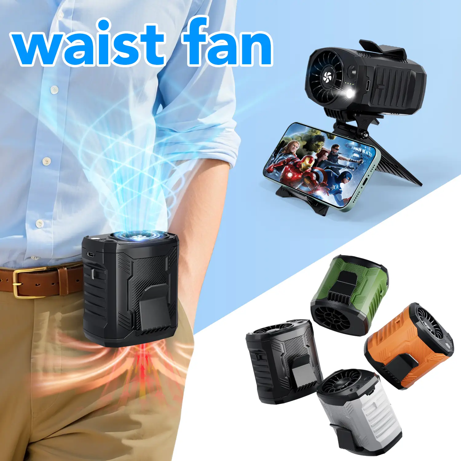 COTOP-Portable Waist Fan,4 Speeds Strong Airflow Small Fan Waist,Equipped with LED light for Travel Camping Outdoor Jobsite,Built for Blue-Collar Work