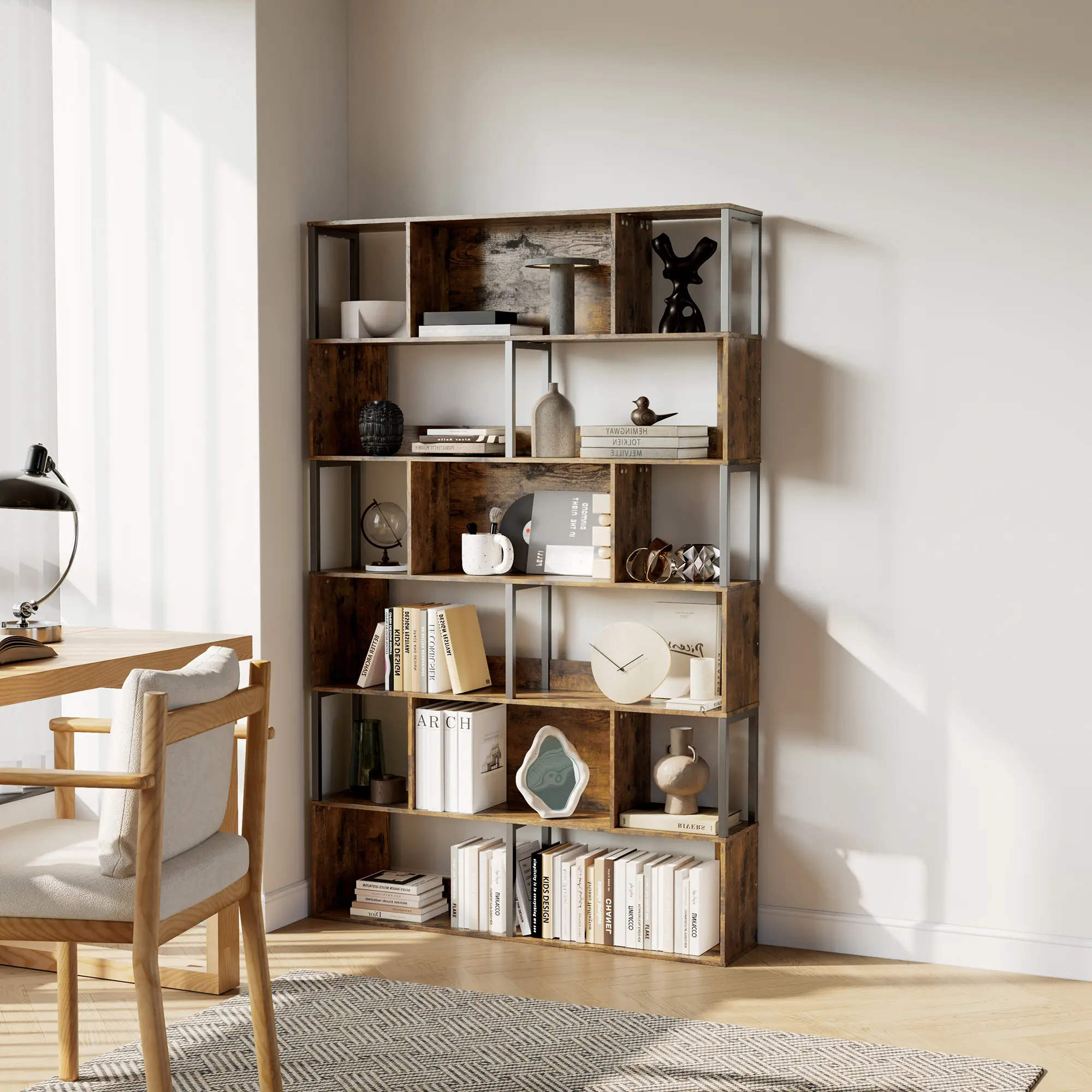 Garvee Modern 6-Tier Geometric Metal Bookshelf – Tall Freestanding Bookcase & Room Divider with Anti-Tip Device – Narrow Display Shelf for Living Room or Office – Mid-Century Style Storage Rack – Space-Saving & Stylish – Organized Home Elegance!
