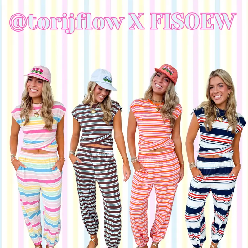 Fisoew Womens 2 Piece Outfits Cotton Colorful Striped Set Cap Sleeve Twist Front Crop Top Elastic Waist Jogger Pants with Pockets Casual Loungewear for Daily Vacation