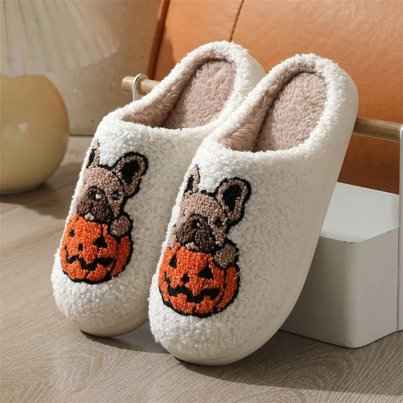 Women's Halloween Ghost Print Ankle Slippers - Slip-On, Chic Look, Soft Foam, Plush Fabric Lining, Non-Slip Sole for Indoor Outdoor Use