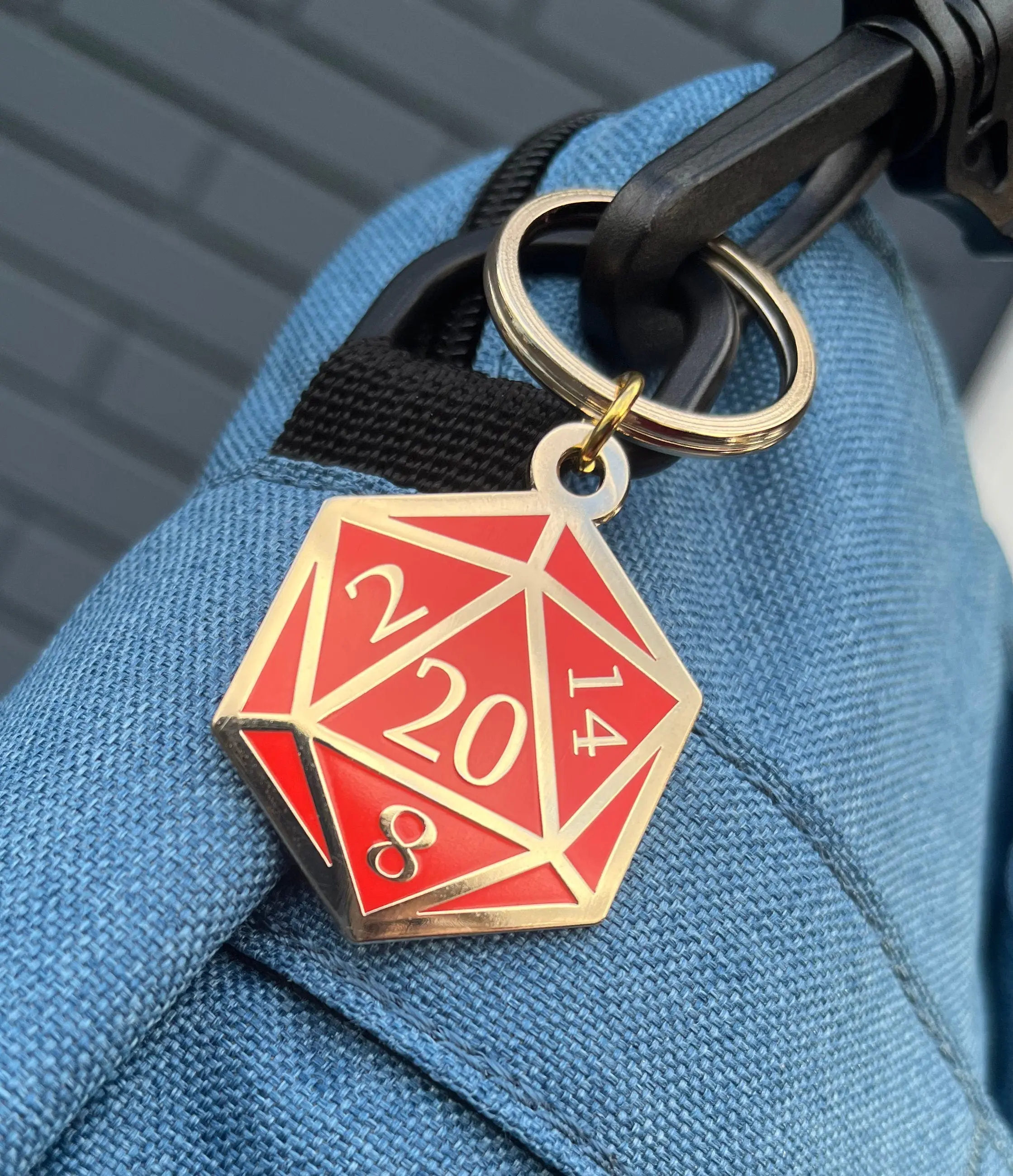 Red and Gold D20 Dice DnD Enamel Keychain with Keyring