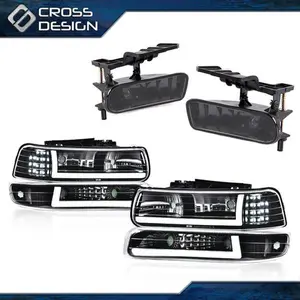 CROSSDESIGN Clear LED Tube DRL Headlight & Smoke Fog Lights Fit For 99-06 Silverado/Suburban