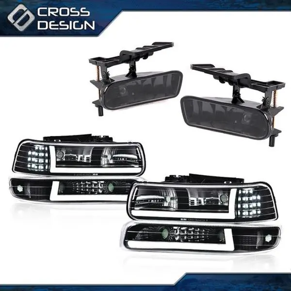 CROSSDESIGN Clear LED Tube DRL Headlight & Smoke Fog Lights Fit For 99-06 Silverado/Suburban, Car Light, Automotive