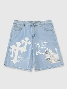 Men's Denim Shorts with Cross Print, Classic Summer Street Fashion Streetwear Casual Jeans, Trendy Daily Wear, Loose Fit Button Fly