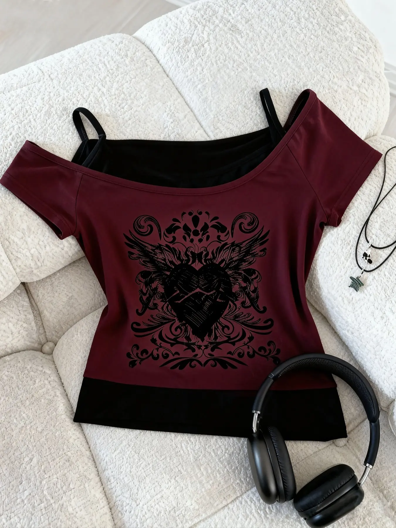 Women's Vintage Gothic Punk Style Burgundy Graphic Print Knitting Short Sleeve Two-Piece Fitted T-Shirt Top, Soft Streetwear Shirt with Guitar Design, All-Season Everyday Casual, Washable