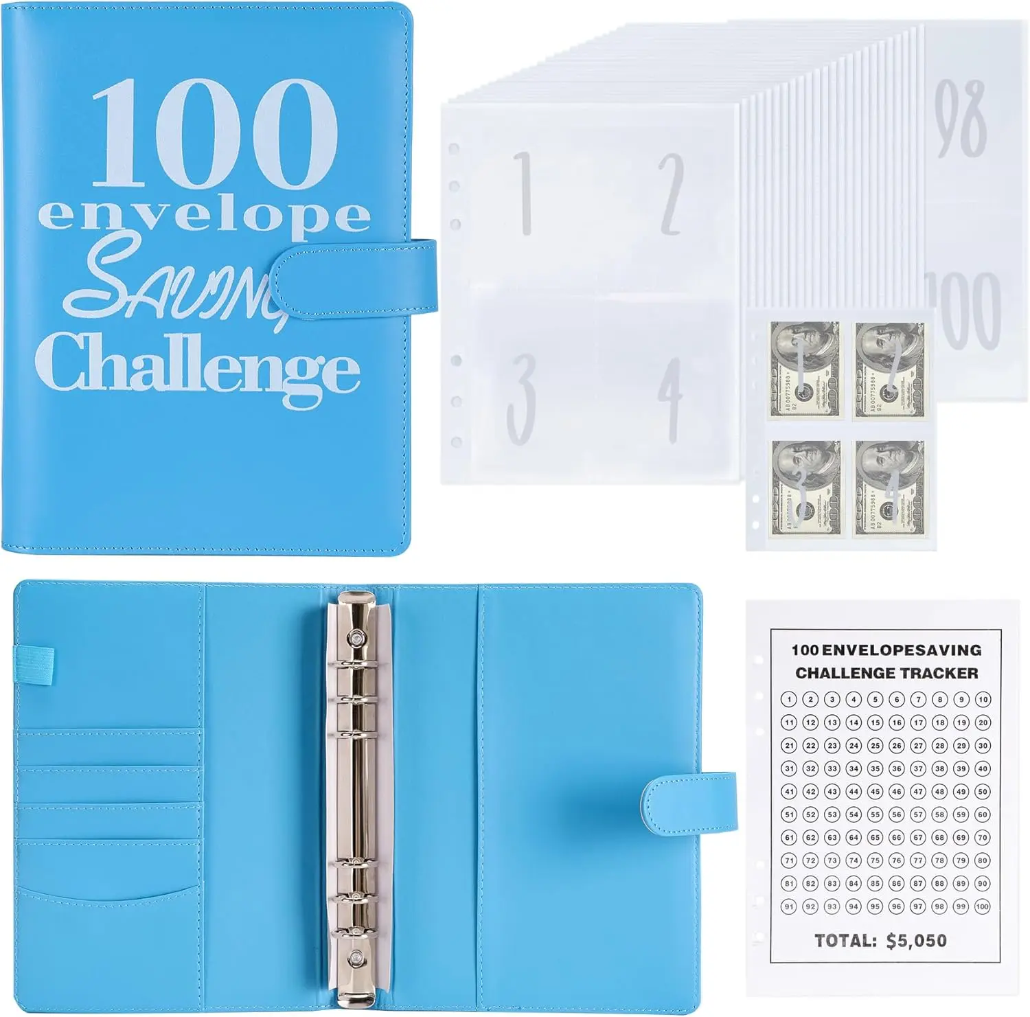 A5 Full Blue Savings Challenge Binder with 100 Pre-Printed $1 to $100 Envelopes, Office Stationery Supplies, Resistant Storage & Protection Budget Planner for Office Accounting, Pre-Printed With $1 To $100