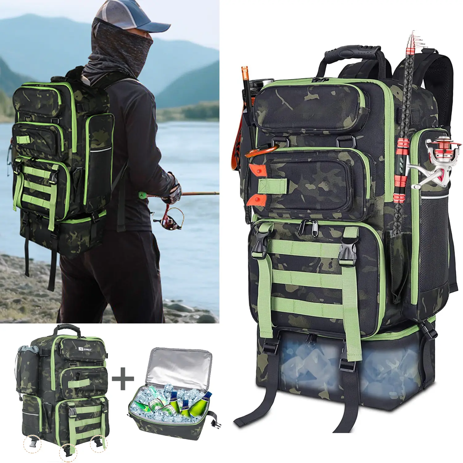 HOMEYA Fishing Backpack with Cooler, 45L Tackle Backpack with Rod Holders & Insulated Lunch Bag, Large Outdoor Fishing Bag for 4 Tackle Boxes & Gears