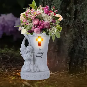 Heaven Angel Wing Cross, Graveyard Decoration, Vase With Solar LED Lamp, Resin Decorated Bereavement Statue, Gift In Memory Of Relatives (White) Religious