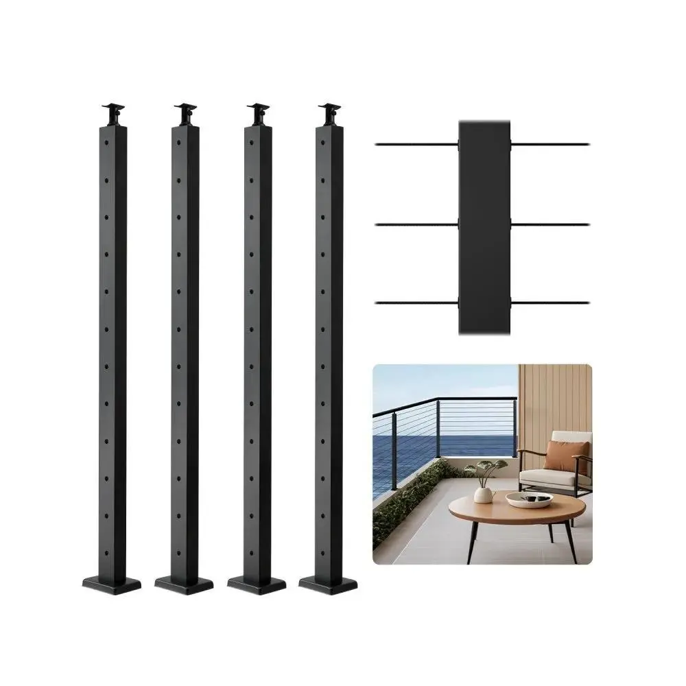 【SummerFinds】VEVOR 4-Pack Cable Railing Post, 42x2x2 In Horizontal-Hole Deck Railing Post with Pre-Drilled Holes, Stainless Steel Cable Rail Post with Horizontal and Curved Bracket, Black