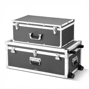 VEVOR Metal Storage Trunk, Summervibes,Summervibes, Set of 2, Wooden Suitcase Storage Boxes with Padlocks, Large Trunk Includes Casters and 3 Metal Handles, Decorative Store Chest with Lids for Travel, Apartment, Dorm, Gray