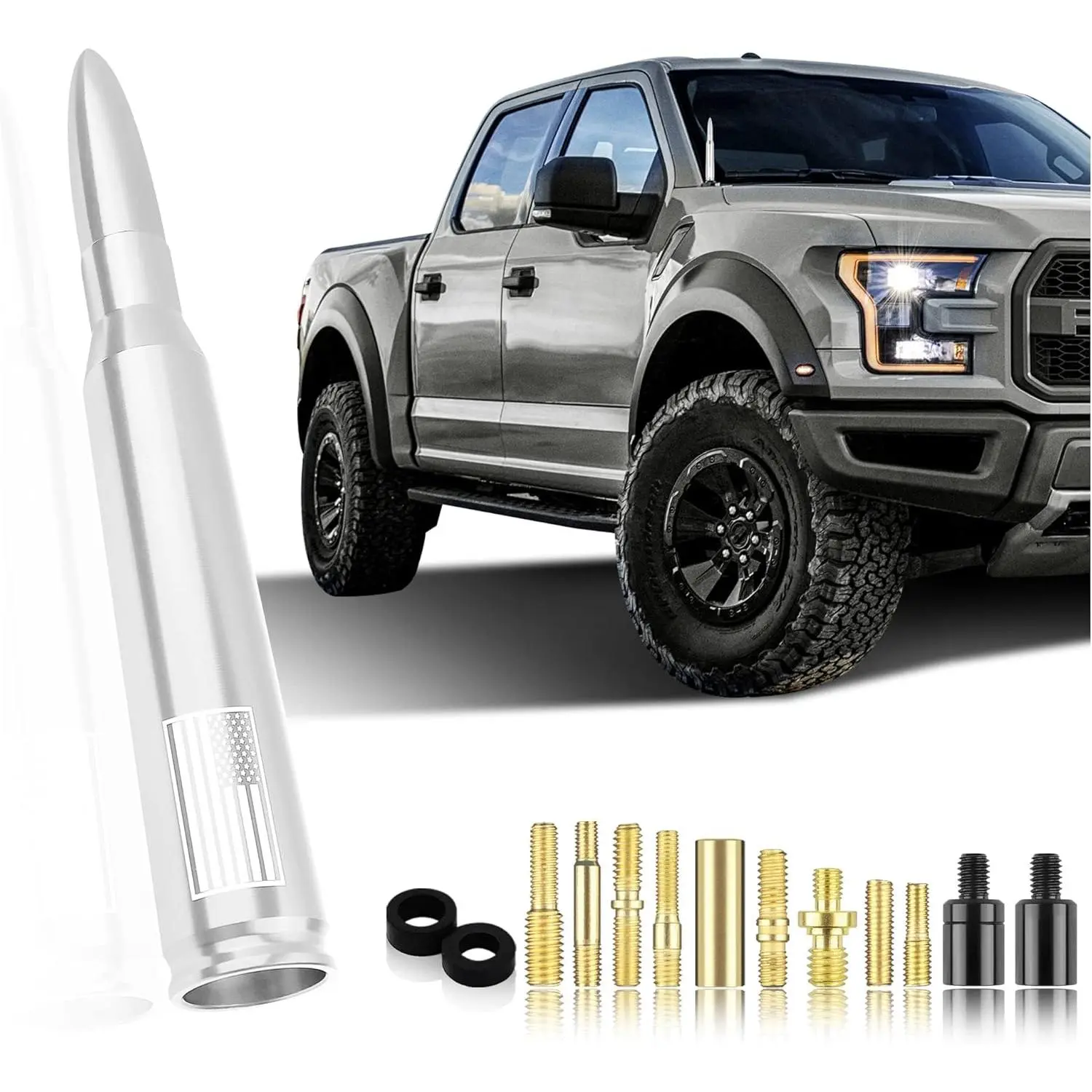 KDO Metal Car Bullet Antenna with Strong Signal, T6061 Alloy Body, 2x Multi-Size Adapter Screws - New Upgrade Black-U.S. Flag, Car Exterior Decoration for Ford F150, RAM 1500, GMC, Cadillac Heavy Duty Pickup Trucks, 2X Adapters