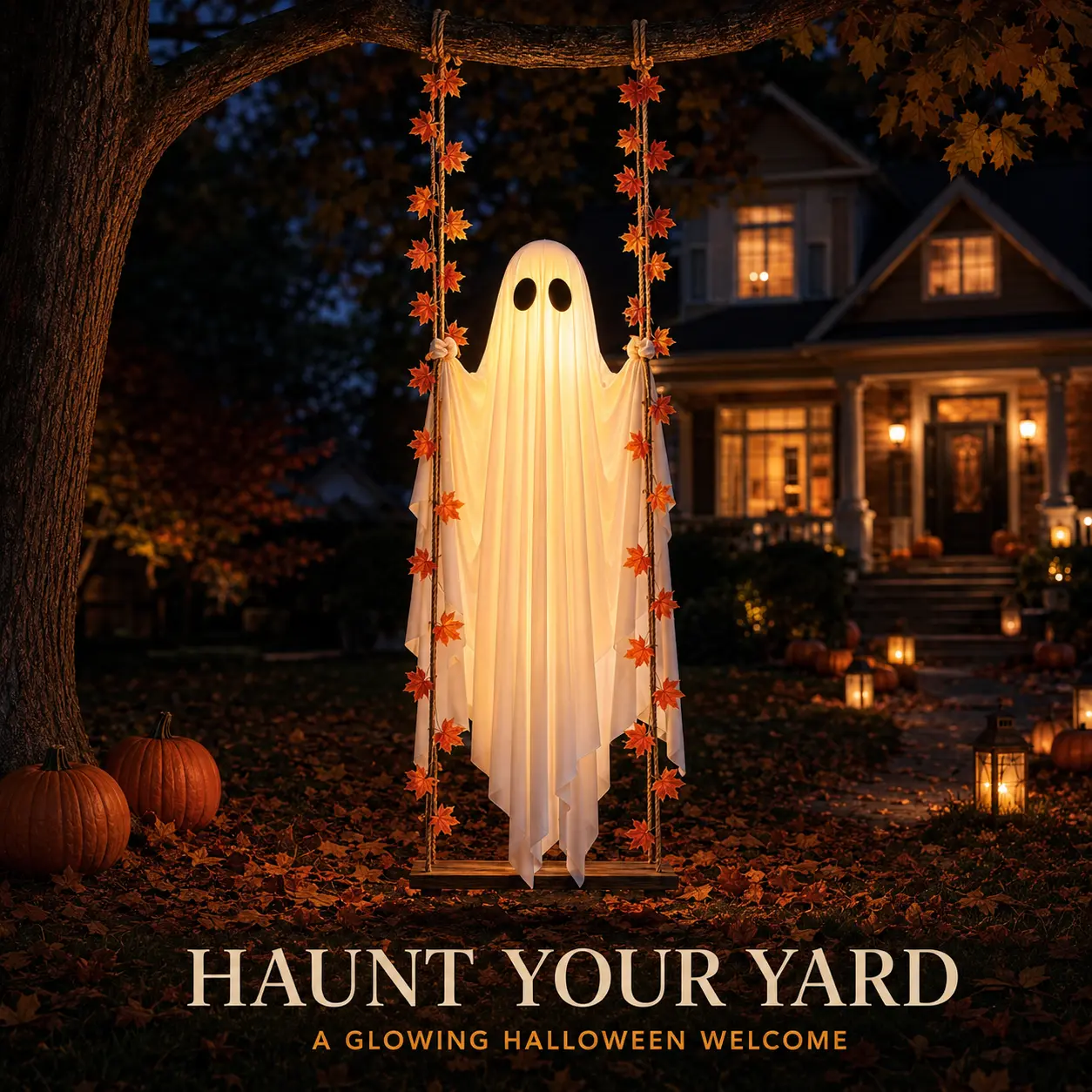 Spooky 1.2m LED Light-Up Swinging Ghost Halloween Decoration with Wooden Maple Leaf Garland, Remote Control, Hanging Outdoor Porch Decor for Yard, Tree & Party