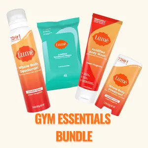 Lume Gym Essentials Bundle: Whole Body Deodorant Stick & Spray, Deodorizing Body Wipes, Acidified Body Wash