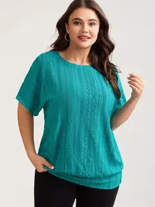 BLOOMCHIC Teal Green Eyelet Trim Stretchy Textured Plain Top for Women Casual Fitted Blouse Size Medium Regular Fit Short Sleeve Round Neck Machine Washable Shirts - Womenswear Spring