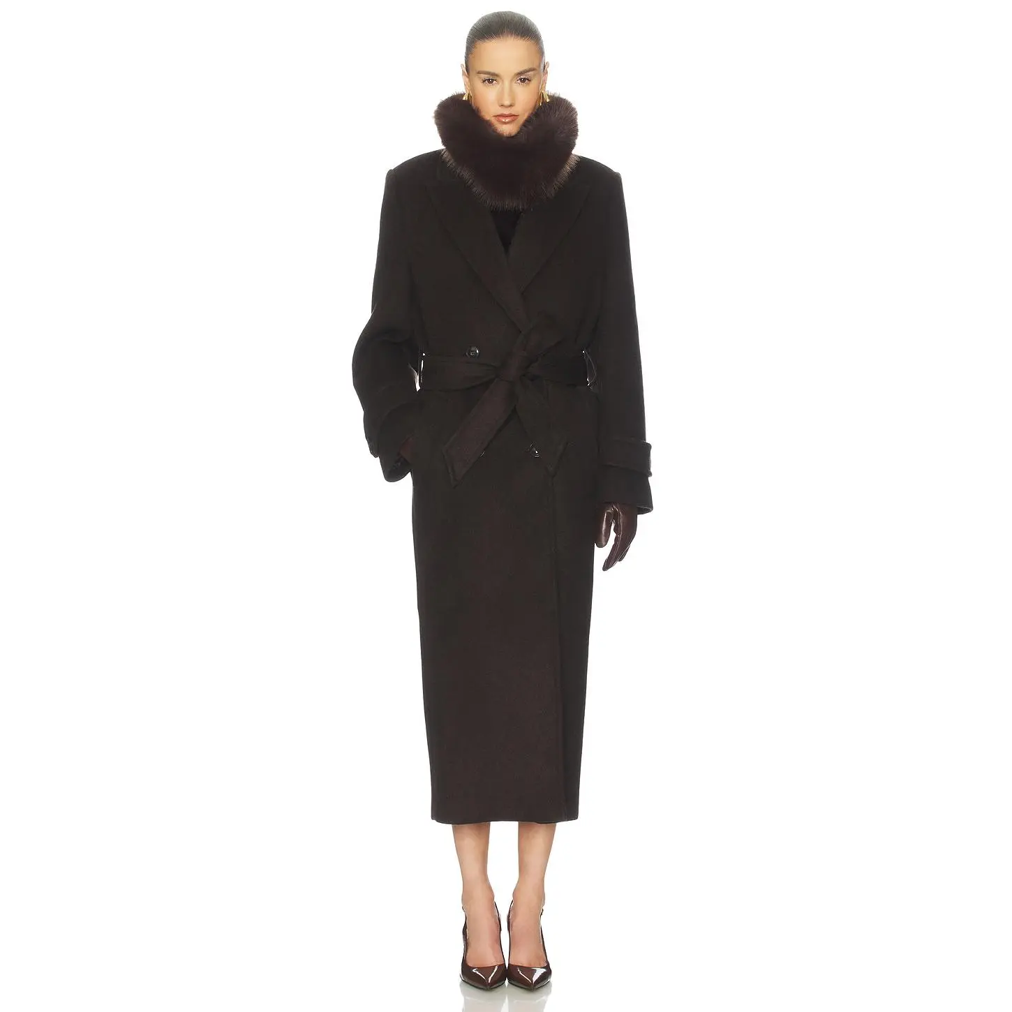 Helsa Bold Shoulder Long Coat in Espresso
