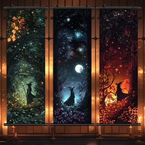 Forest Moon Witch Pattern Hanging Banner, 3 Counts/set  Halloween Wall Art Poster, Wall Decor for Home Living Room Bedroom Yard, Wall Hanging Backdrop