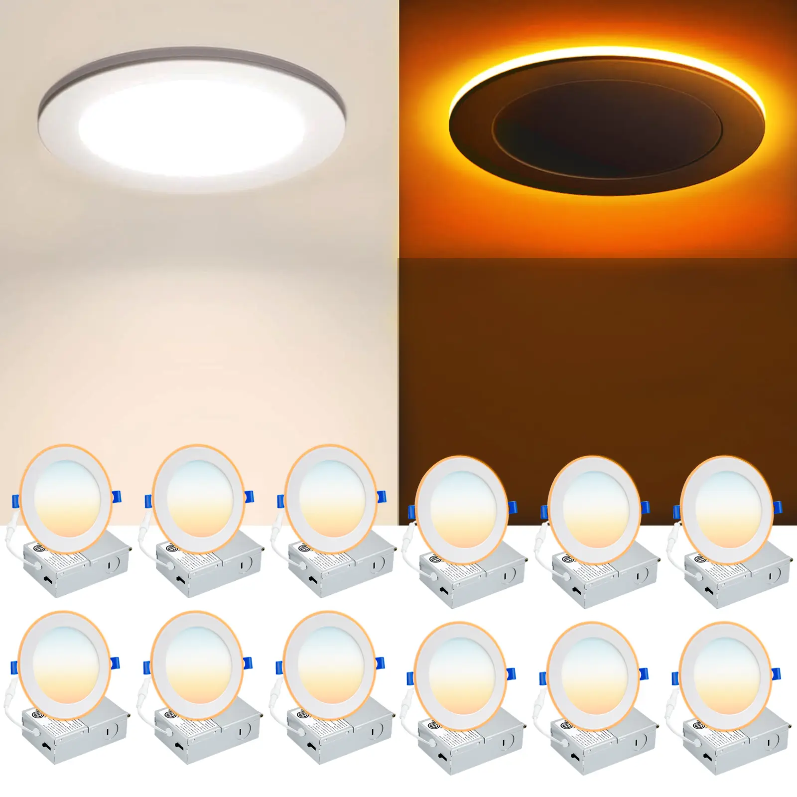 5CCT 4/6 Inch 12Pack LED Recessed Dimmable Ceiling Light with Night Light 12W Ultra-Thin Home Decor Lighting Warm White Atmosphere 120V 1050lm LED Lights for Bedroom Indoor Lighting 12-Pack
