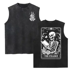 Men's The Reader Tarot Card Front-Back Printing Washed Vest - Smooth Seamless Solid Fabric, Skeleton Reading Graphics, Book Lover Gift