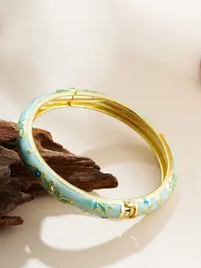 Chinese Style Gold Plated Enamel Bracelet, Elegant Jewelry Bracelet, Spring Opening Cuff, Bohemian Floral Design, Christmas Thanksgiving Valentine Gift