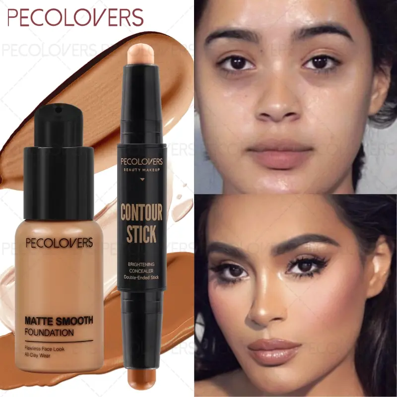 2pcs Matte Finish Face Sculpting Kit - Oil-Control BB Cream & Double-Ended Highlight Stick, Buildable Foundation for Flawless Base, Sweat-Proof Longwear, Ideal for Daily Contour & Travel Touch-Up - Professional Face Makeup Set Glam Set