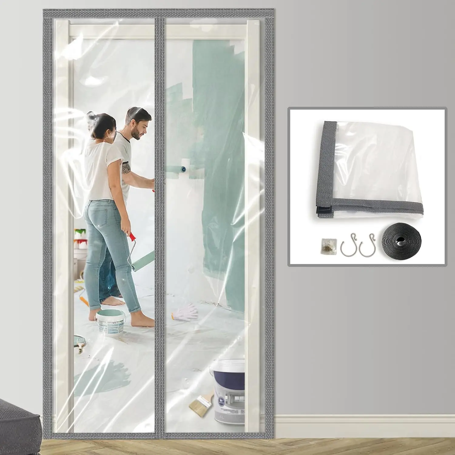 Dust Barrier Door Kit Plastic  Construction Door Curtain Self Closing Protector for Room Remodel Doorway 4'W x 7.5'H (4' x 7.5') Gray
