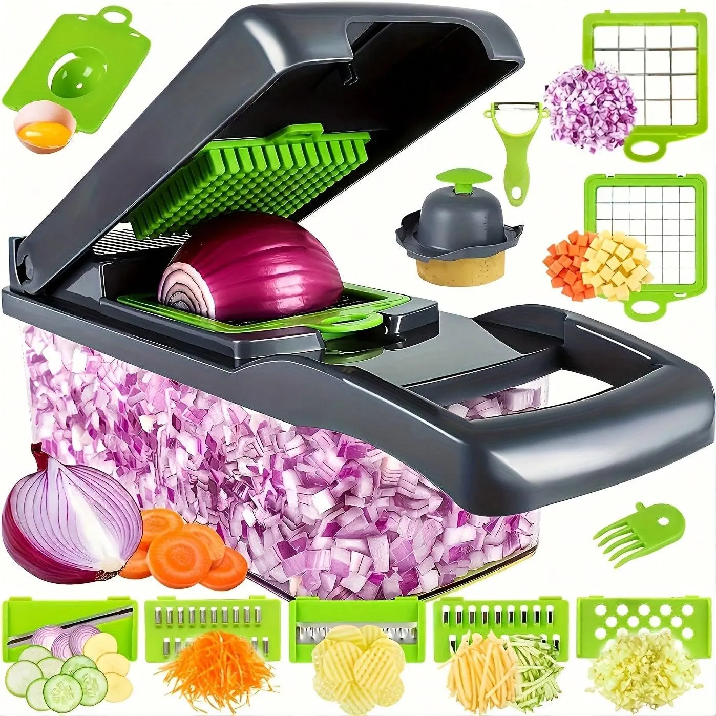 16-in-1 Vegetable Onion Chopper & Food Cutter with 8 Stainless Steel Blades, 13.7x4.7 Inch Compact Design, Detachable Container – Semi-Automatic Chopping for Onions, Carrots, Potatoes, Garlic, Peppers, Kitchen Gadget, Modern Kitchen Tool, Durable Plastic