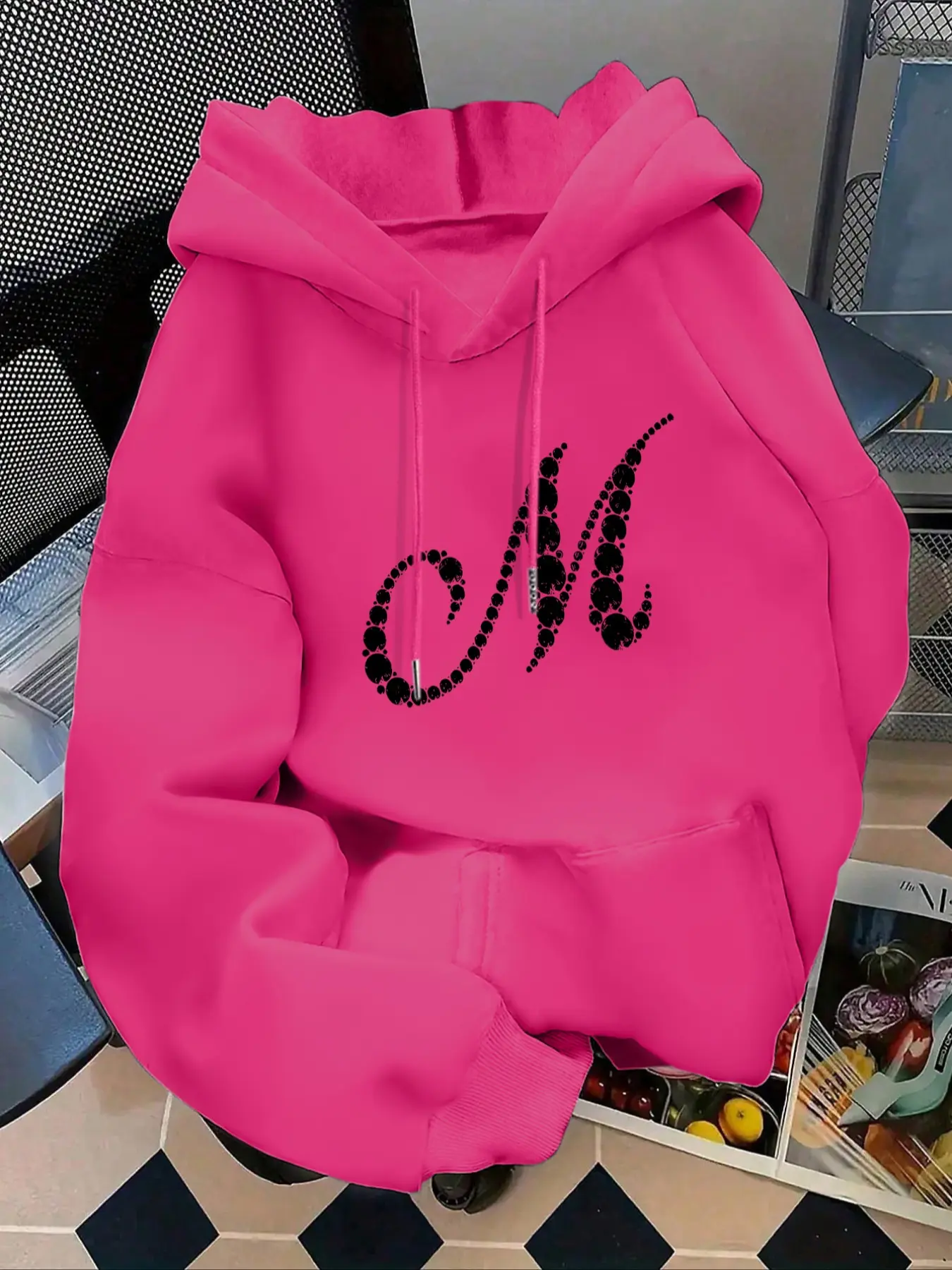 Women's Fashion Hooded Sweatshirt Tops, M Letter Print Kangaroo Pocket, Casual Long Sleeve Fitted Fall & Winter Wear, Daily Outdoor Leisure, Hoodie Sweatshirts