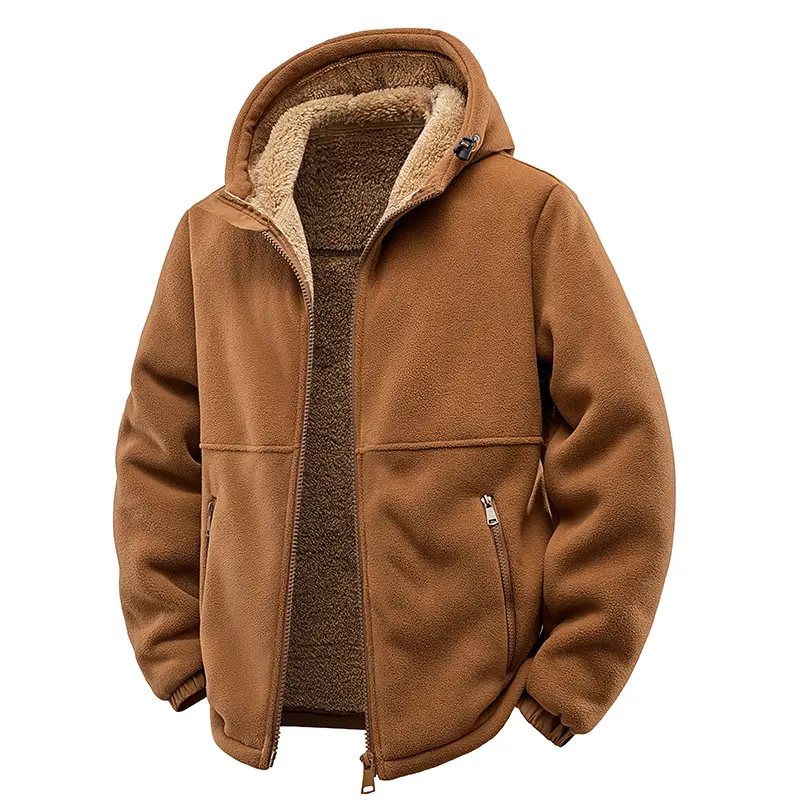 Men's Colorblock Fuzzy Pullover Hoodie Top - Thick Warm Fleece Coat with Zipper Pockets, Standard Sizes M/L, for Outdoor Use, Tops, Outdoors