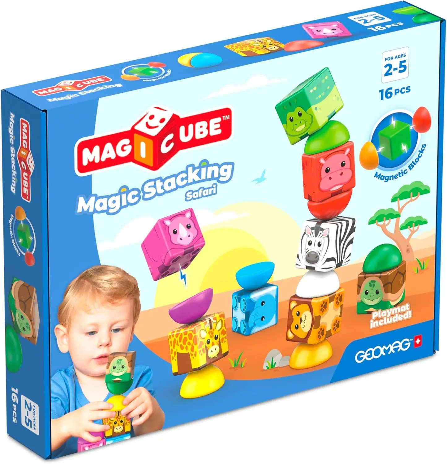 Geomag Magicube Magnetic Blocks for Toddlers Ages 1 to 5 Swiss Made STEM Building Toy Set MAGICUBE 16PCS SAFARI