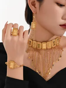 Middle Eastern Style 5-Piece Matching Jewelry Set, Elegant Rose Design Wedding Necklace Bracelet Earrings Ring, Copper Plated 24k Gold Rain Pendant