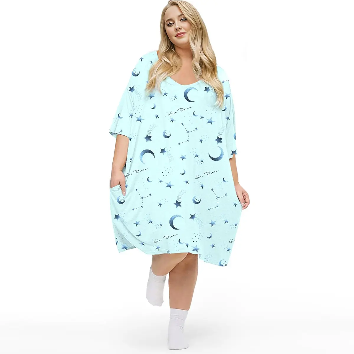 Women's Plus Size T-Shirt Nightgown, Cute V-Neck Sleep Dress with Pockets, Baggy Soft Fabric Loungewear, Fits S-5XL, Tee, Oversized, Elastic, Loose, Comfortable, Lady, Cooling, Nightwear, Short Sleeve, Clothes, Mother