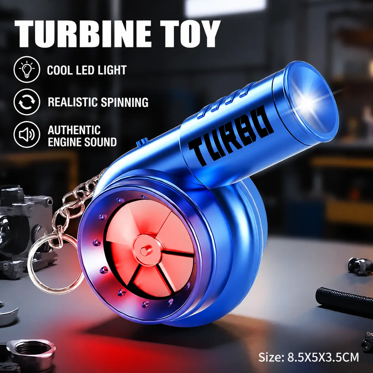 Turbo Turbine Keychain with LED Light & Engine Sound, Spinning Turbocharger Style Key Ring, Mini Car Enthusiast Accessory, Stress Relief Gadget for Car Fans, 3 Colors
