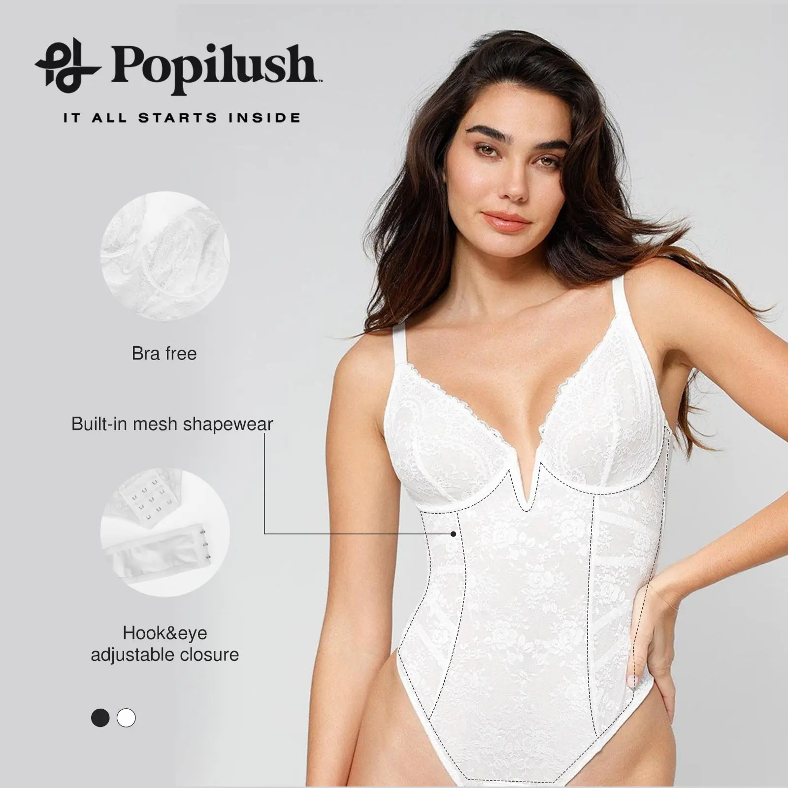 PL POPILUSH Popilush The Shapewear Bodysuit Deep V-Neck Lace Low-Back Thong Bodysuits Comfort Womenswear Basic Vneck Skinny Minimalist Tops Sleeveless Gamis