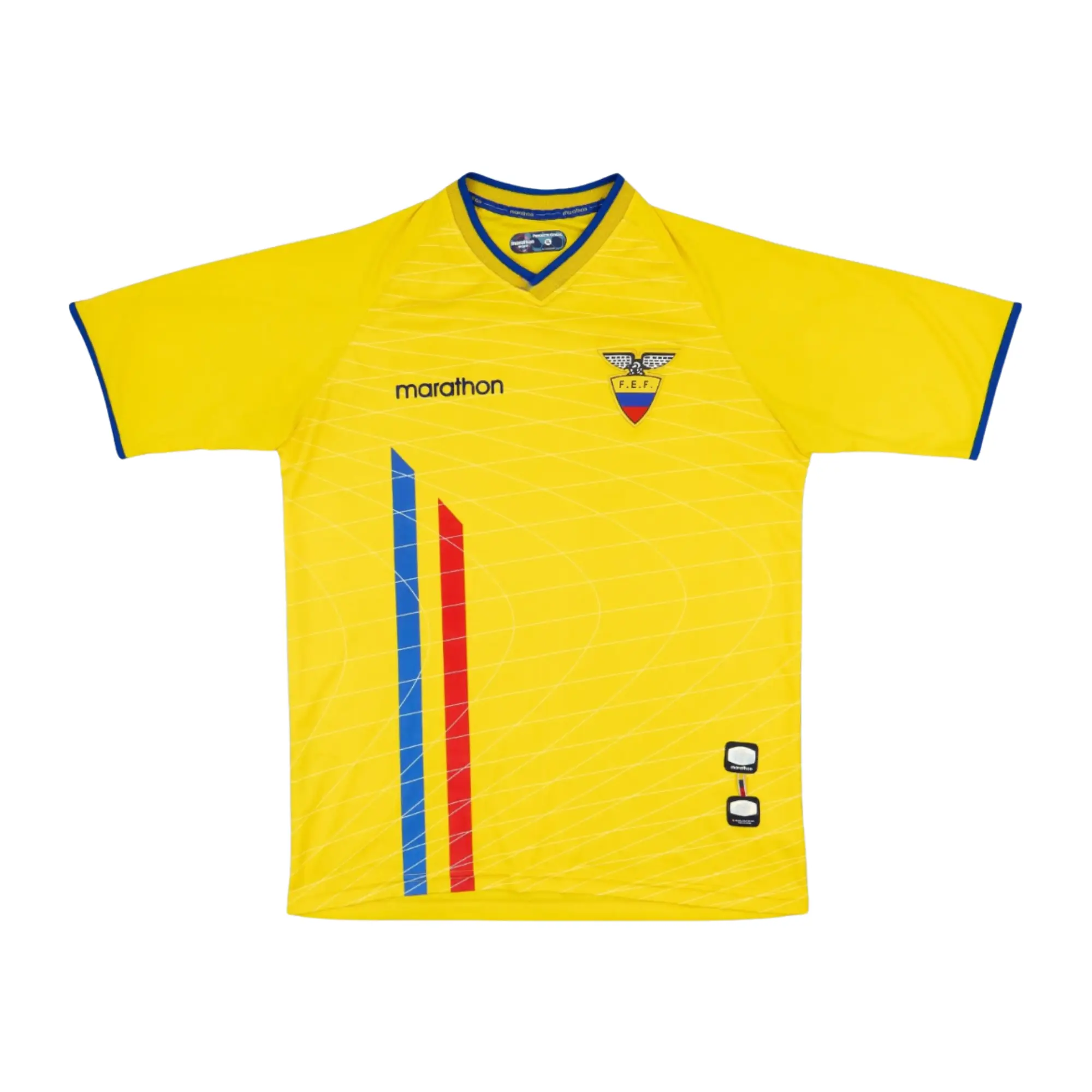 Ecuador Yellow Soccer Jersey Shirt, V Neck Short Sleeve Athletic Top with Blue Red Stripe Detail