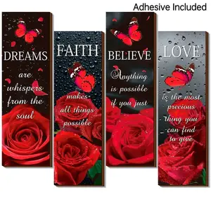 Inspirational Wooden Wall Decor Set – 4pcs "Dreams," "Faith," "Believe," "Love" with Red Roses & Butterflies  - Perfect Home Decoration Gift for Valentine's Day, Bathroom, or Bedroom Wooden Wall Art