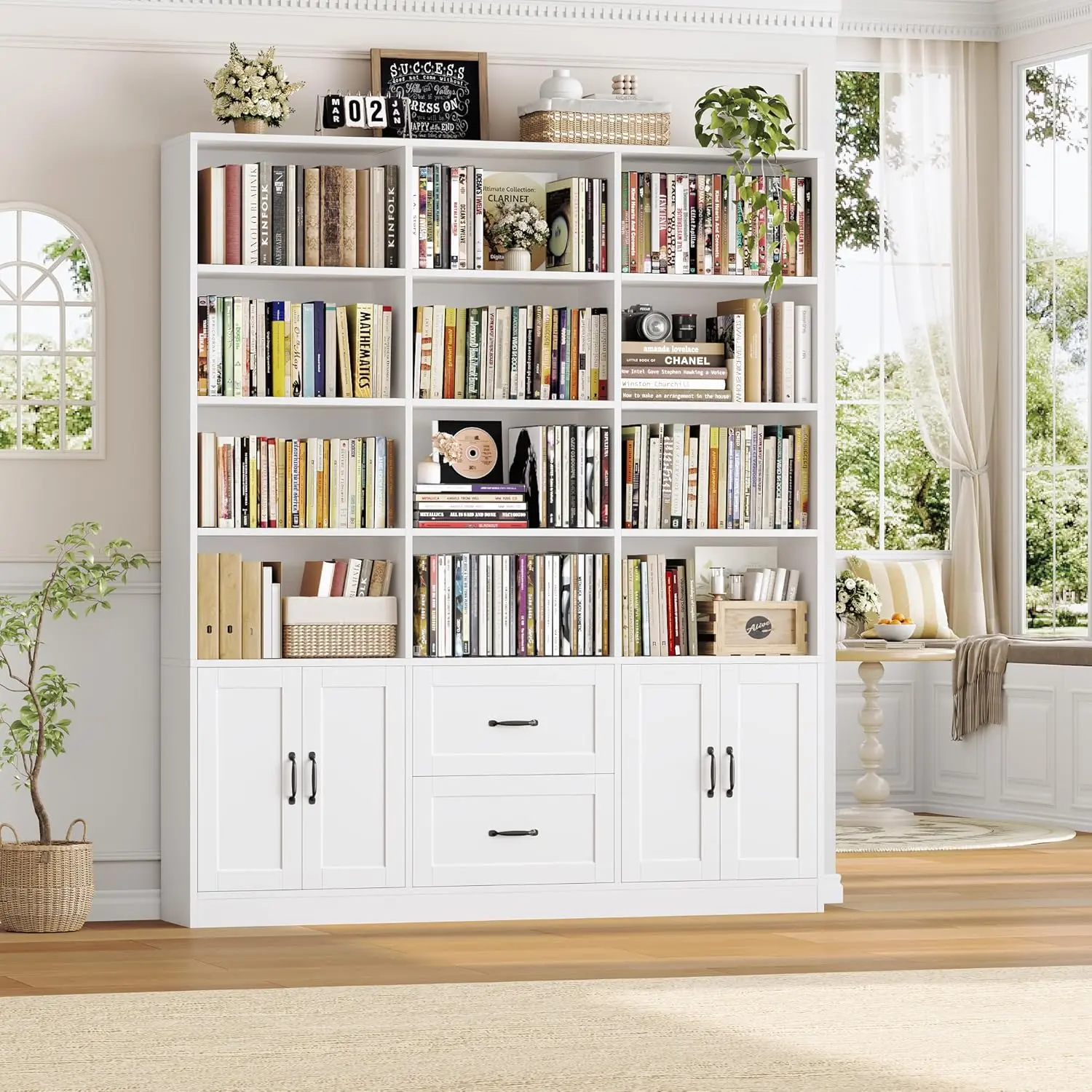 【2 packages shipping 】HOSTACK 71" Tall Triple Wide Bookshelf with Doors & Drawers, Modern Wood Bookcase for Storage, 6-Tier Large Bookcase with Display Shelves, Space-Saving Bookshelf for Living Room, Home Office, White