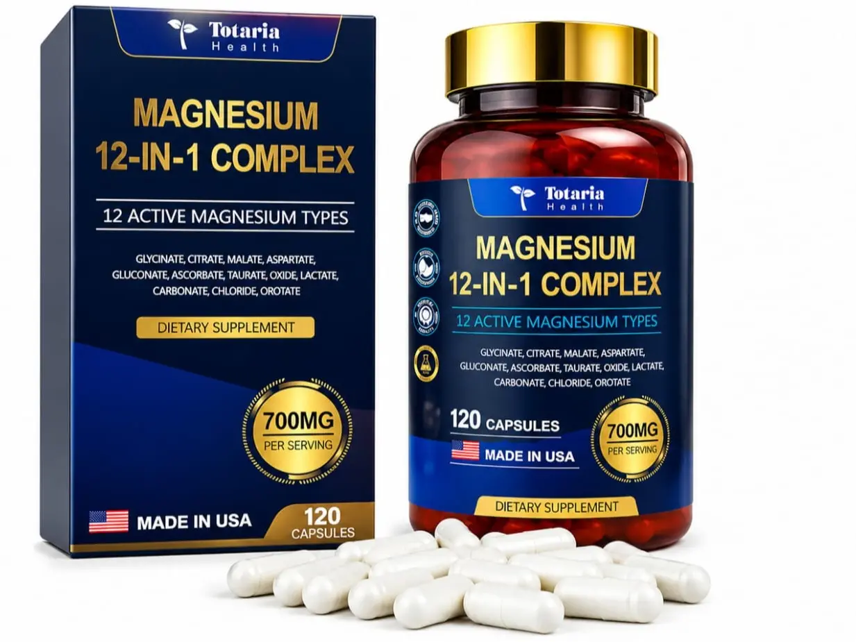 Totaria Magnesium Complex 700mg – 12-in-1 Magnesium Supplement with Glycinate, Citrate, Malate & Taurate – Muscle, Bone, Heart & Relaxation Support – Vegan, 120 Capsules