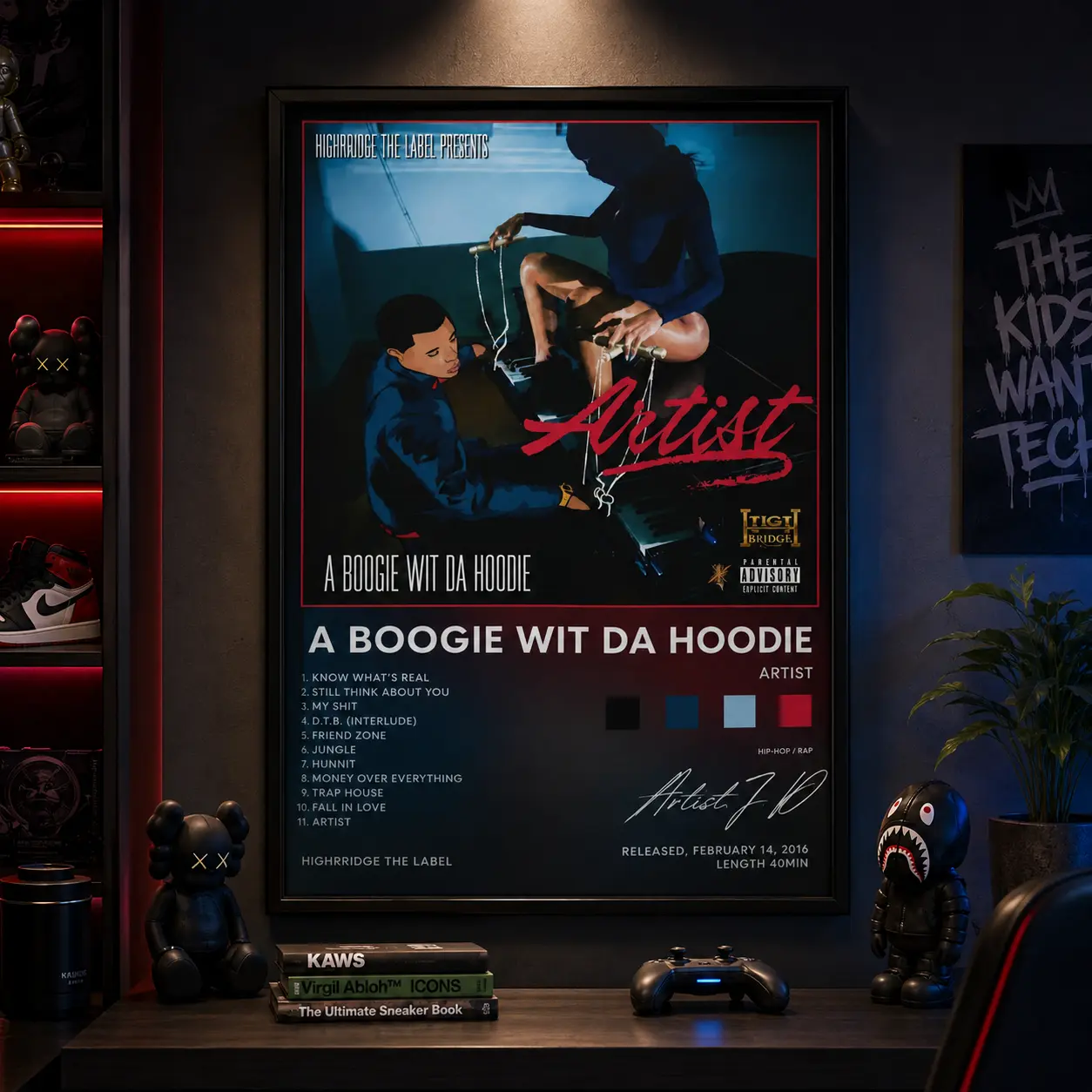 A Boogie wit da Hoodie "Artist" Album Cover Canvas Wall Art - Artistic Signed Rap Poster with Full Tracklist Color Palette, Highbridge Hip Hop Decor for Man Cave Bedroom, Framed/Unframed Multiple Sizes, Cool Unique Bedroom Room Decor, Bedroom Decor