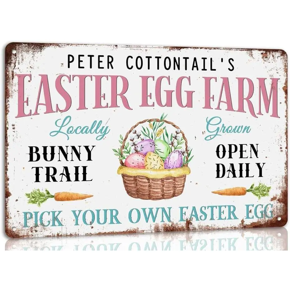 Peter Cottontail's Easter Egg Farm Easter Metal Tin Sign Retro Vintage Bunny Rabbit Poster Cafe Kitchen Easter Party Farmhouse Wall Decor Happy Easter Sign