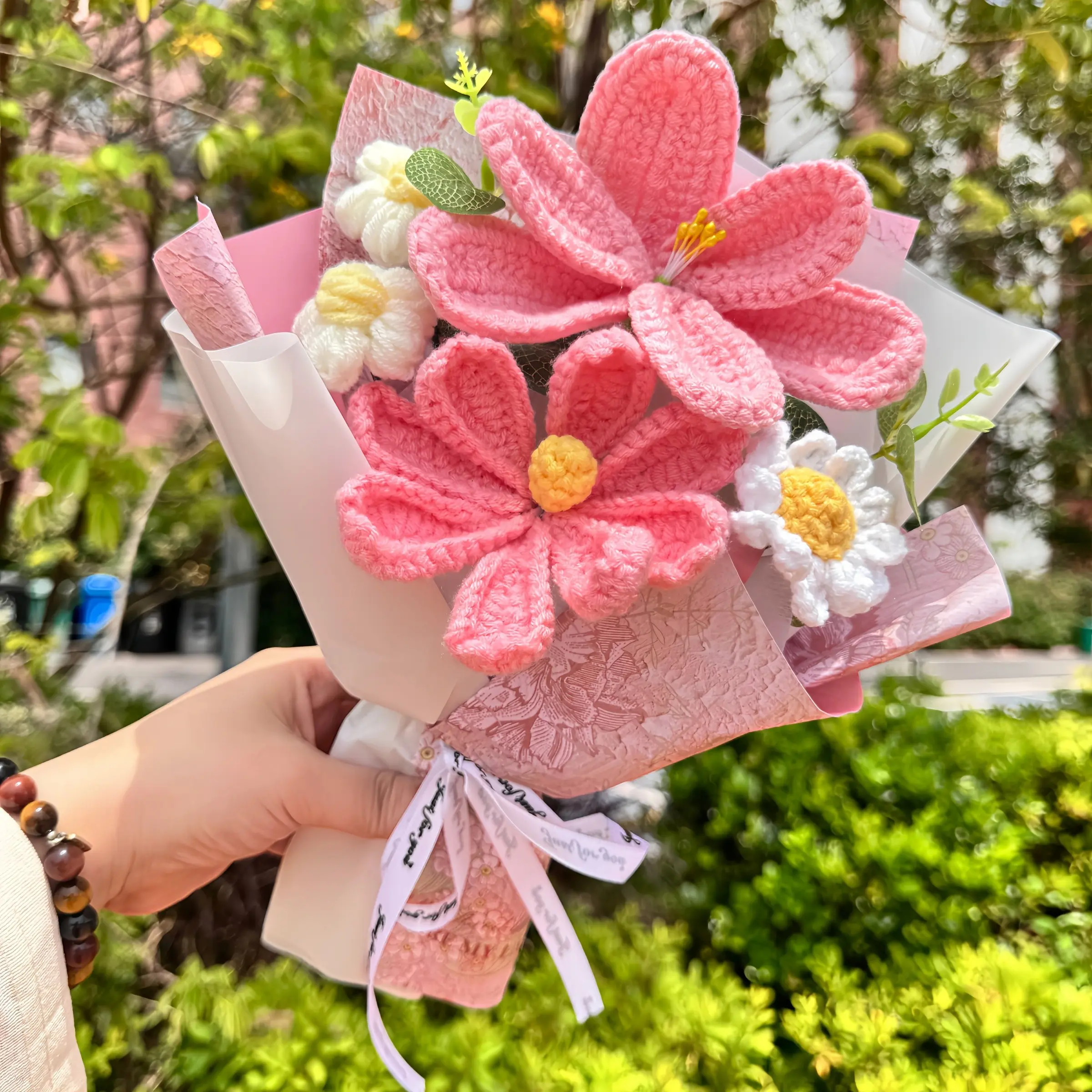 Handmade Yarn Bouquet (boxed), Includes Gerbera Daisy, Baby's Breath, and Puff Flowers, Perfect Gift for Mother's Day and Teacher's Day