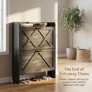 YJ-Garvee 16 pairs wooden shoe cabinet, shoe cabinet with 2 foldable drawers, adjustable shelves, shoe storage/entry cabinet for entrance, living room, hall (100 x 102 x 24 cm, black)