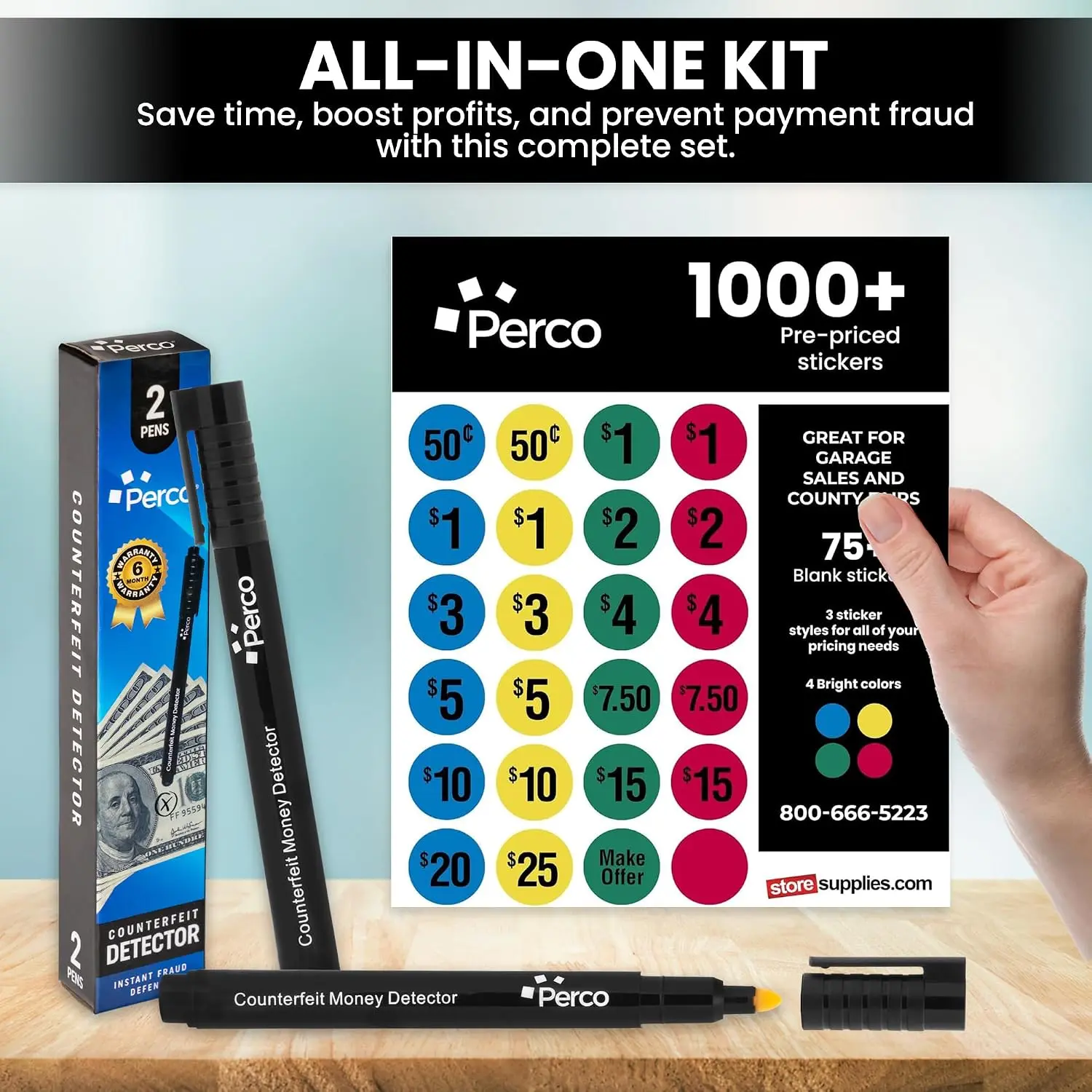 Perco Garage Sale Kit - 1,000+ Price Stickers and 2-Pack Counterfeit Detection Pens for Yard Sales and Flea Markets