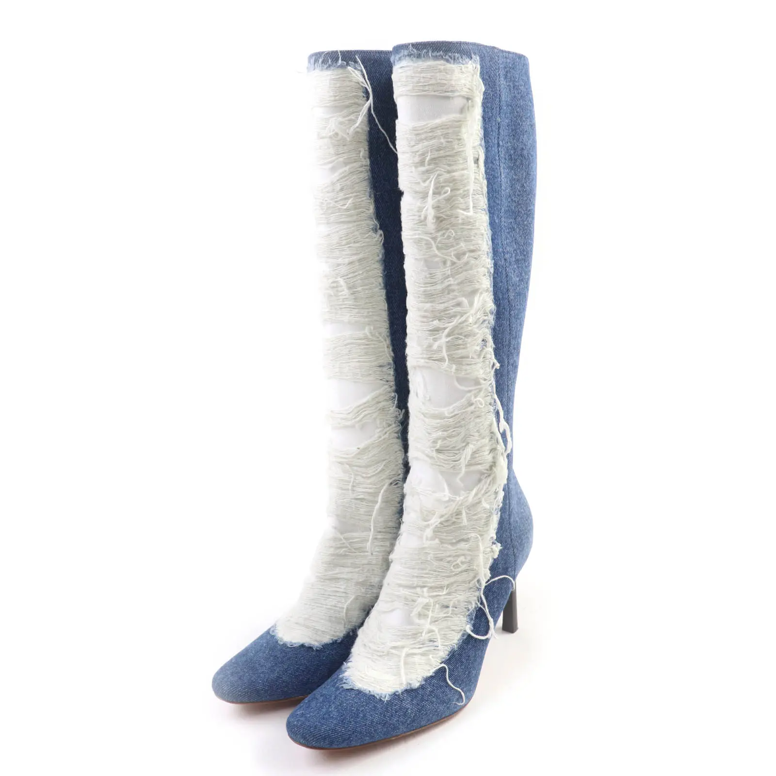 Pre-owned Loewe Denim Small Leather Goods Destroyed Ripped Boots