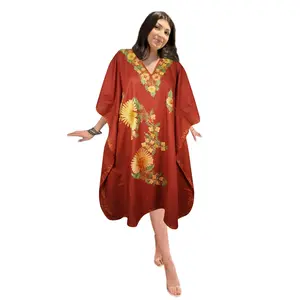 Womens Orange Kaftan Short Dress, Kimono Cotton Embroidered Caftan Dresses L-2X